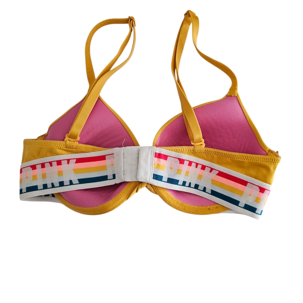 PINK Victorias Secret 32A Tshirt Lightly Lined Bra Yellow Rainbow - Picture 2 of 8